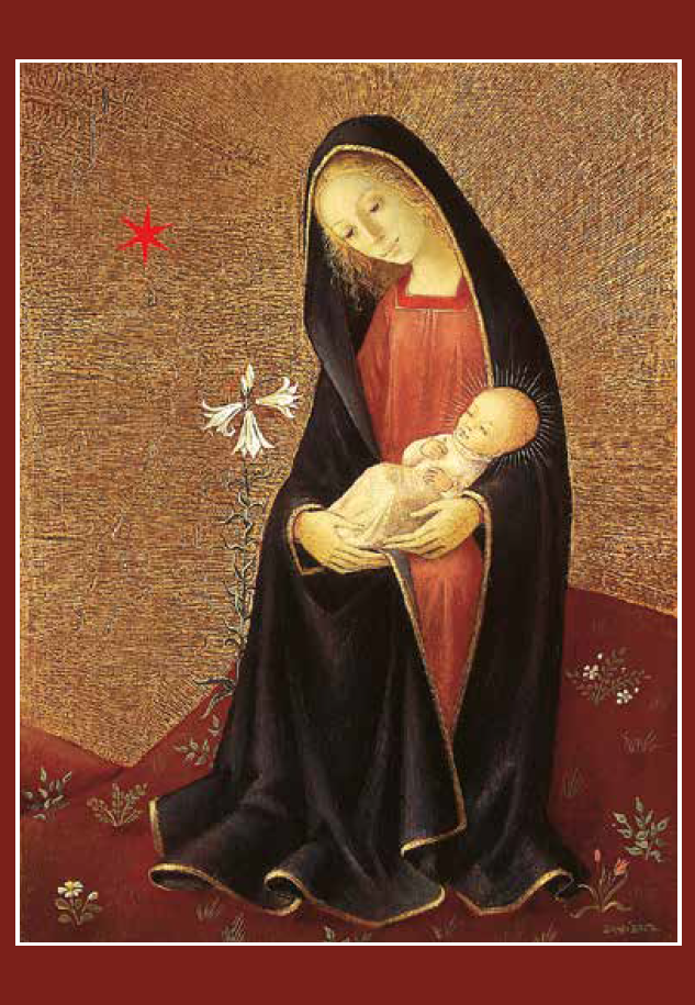 Kerstkaart bradi barth - madonna met kind en witte lelie.