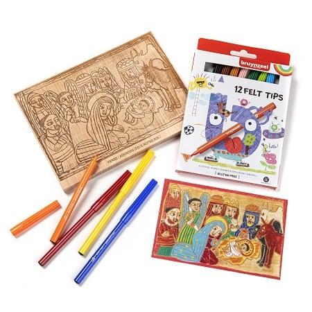 Kersttafereel op hout om in te kleuren met stiften 1 Kersttafereel op hout om in te kleuren met stiften.